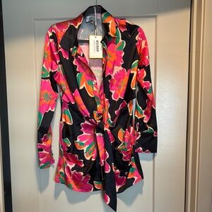 Vibrant Pink and Orange Tie Front Graphic Blouse